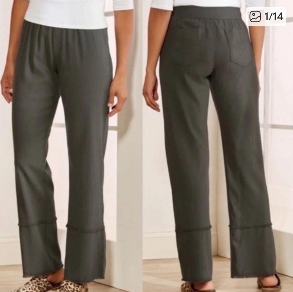Soft Surroundings Frayed Hem Pull On Pants Olive Green Tencel Cotton Petite L